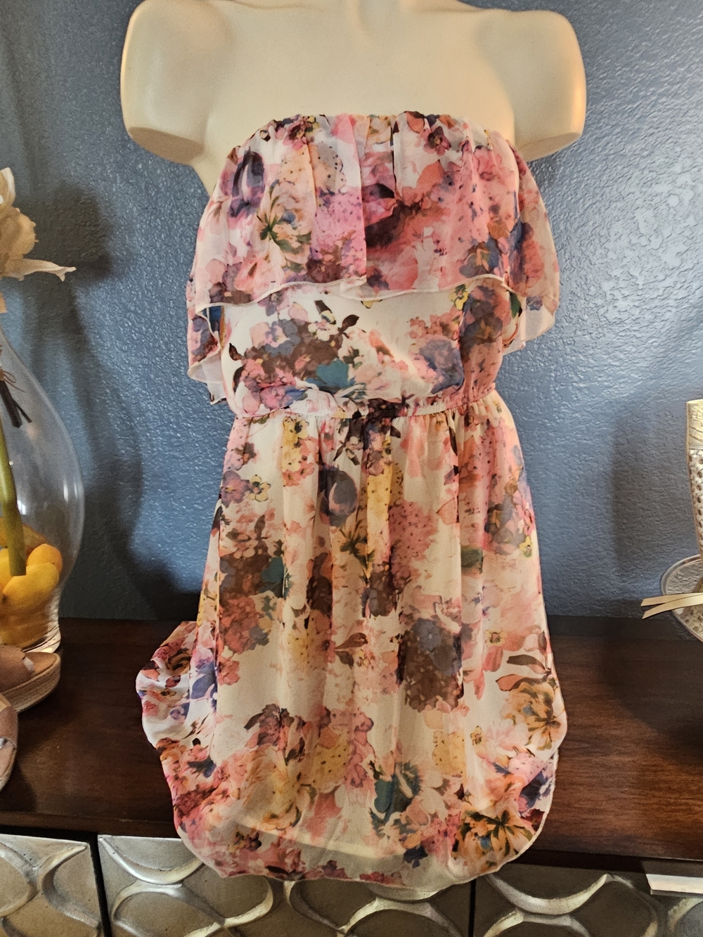 Romeo & Juliet Couture Strapless High-Low Floral Dress in Pink, Cream, Blue
